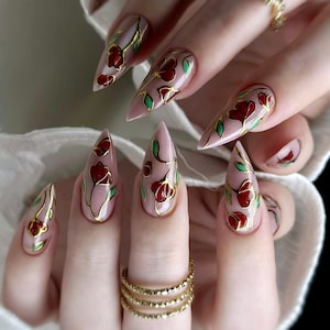 Luxury Floral Press On Nails: stained glass with gold chrome