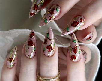 Luxury Floral Press On Nails: stained glass with gold chrome