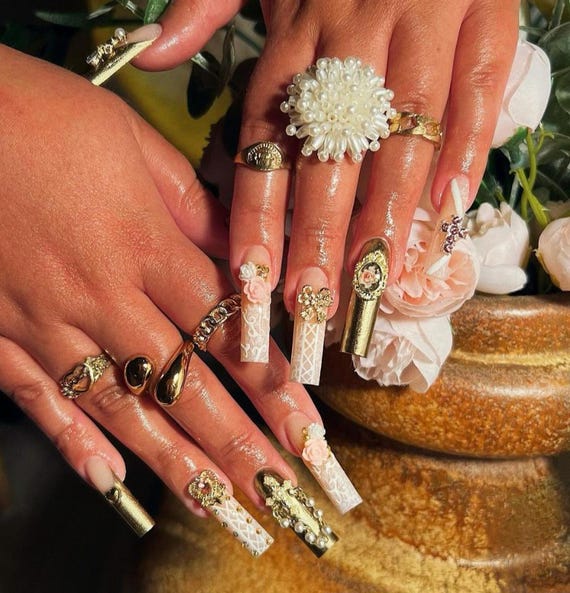 Luxury 3D Rose Press on Nails: Elegant Gold & White Party Nails - Etsy Luxury 3D Rose Press on Nails: Elegant Gold & White Party Nails - Etsy