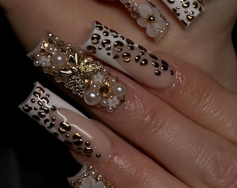 Luxury Gold Chrome Press On Nails: Custom White French Tip, Almond Stiletto