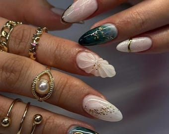 Luxury 3D Gel Press On Nails: Marble, Gold Chrome, Green Gemstone