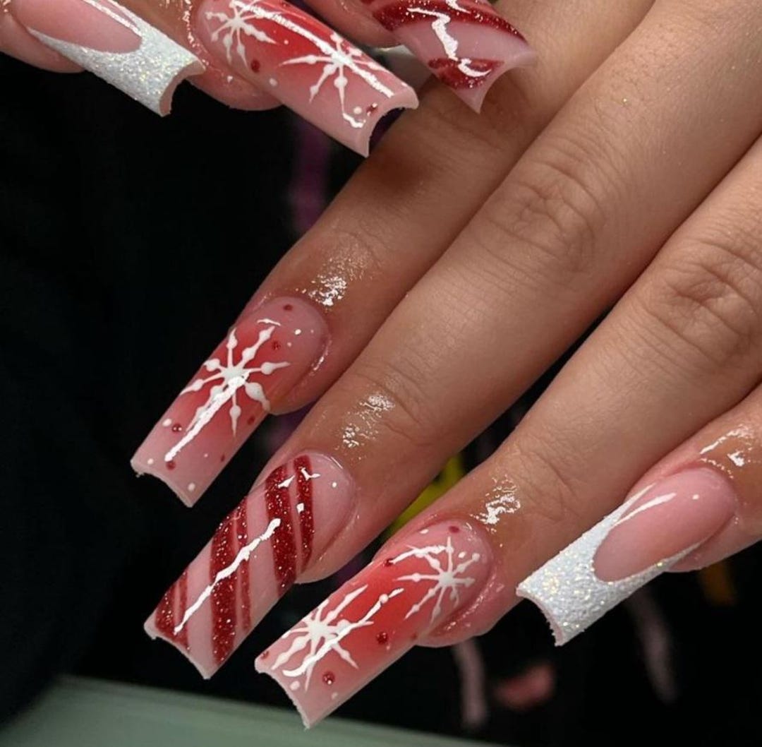 Luxury Christmas Press-on Nails: Red Candy Cane & Snowflake Design