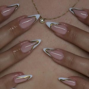 Luxury Gold Chrome Press On Nails: White French Tip, Almond Stiletto