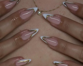 Luxury custom nails/free style/ long nails/gold chrome nails/white nails/ gold charms nails/white French tip nails/ almond stiletto nail