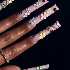 Luxury custom nails free style/ long nails/ garden fairy nails/ 3D gel flower nails/ladybug nails/summer spring nails/trendy nails/butterfly