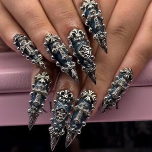 Luxury Gothic Chrome Press On Nails: Emo Silver Metallic Charms