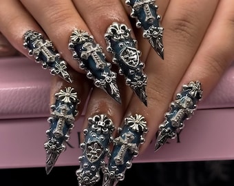 Luxury Gothic Chrome Press On Nails: Emo Silver Metallic Charms