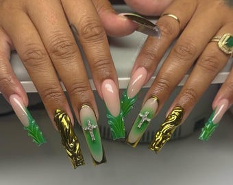 3D Flower Press On Nails: Gold Chrome French Tip, Dark Green Party Nails