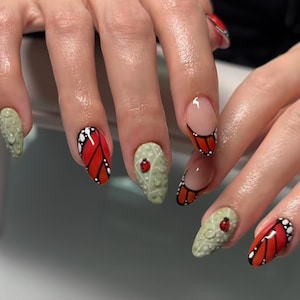 3D Garden Fairy Press On Nails: Custom Gel, Ladybug & Mushroom