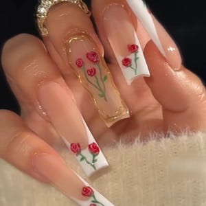 Luxury custom nails/ free style/ long nails/ party nails/gold chrome nails/rose nails/french tip nails/trendy nails/ cute nails/square nails