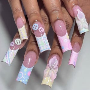 Luxury Pastel Rainbow Press On Nails: Custom Flower Nail Art