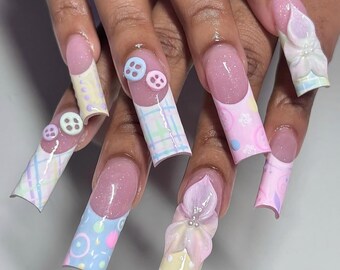 Luxury Pastel Rainbow Press On Nails: Custom Flower Nail Art