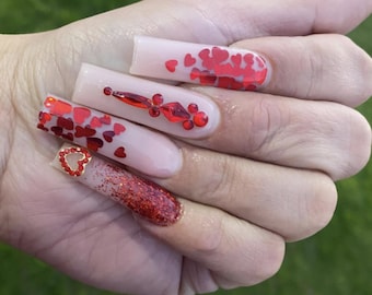 Luxury Custom Press On Nails: Long Heart Glitter Valentines Day Nails
