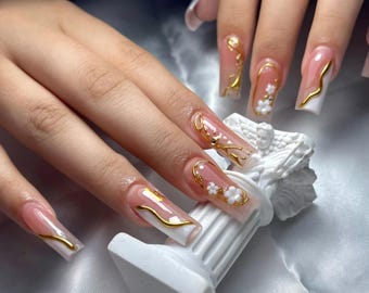 Luxury wedding  Gold Chrome Press On Nails: Custom White French Tip, Almond Stiletto
