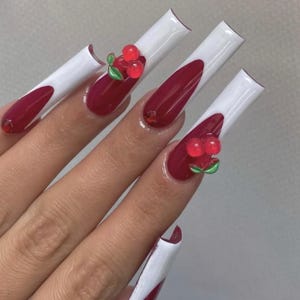 Luxury custom nails/free style/ long nails/ fresh tip nails/ red nails/ cherry nails/ fruit nails/ summer nails/trendy nails/ cute nails