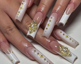 Luxury White Ombre Press On Nails: Gold Charms, Long French Tip