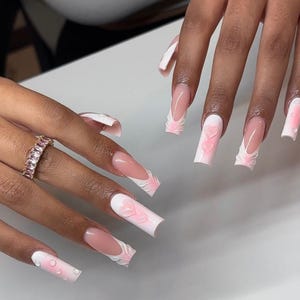 Luxury custom nails/ free style/ long nails/ fairy garden nails/milky white pink aura/bow coquette charms cute Kawaii nails/french tip nails