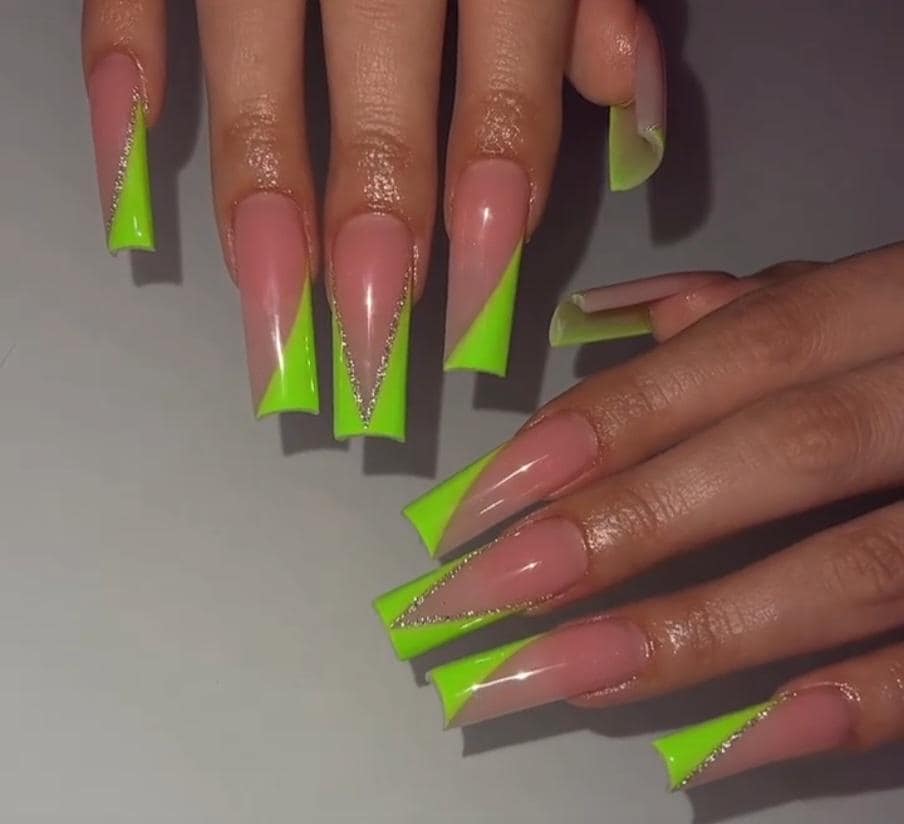 Luxury Neon Green French Tip Press On Nails: Custom Long Nails