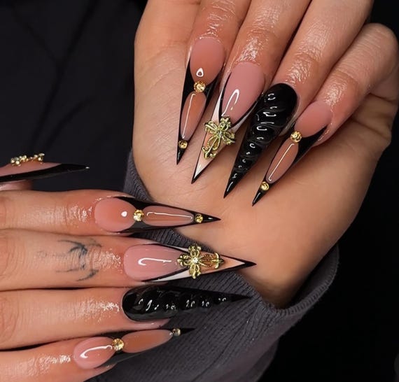 nails to go with a black and gold dress Luxury & Rhinestone Press on Nails: Elegant French Tip nails that go with black dress