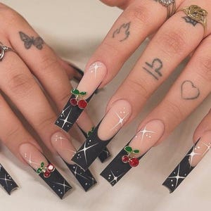 Luxury custom nails/free style/ long nails/ fresh tip nails/black nails/ cherry nails/ fruit nails/ summer nails/trendy nails/ cute nails