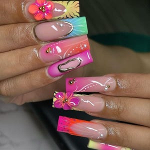 Luxury custom nails/free style/ long nails/3d flower nail/ animal print nails/colorful rainbow nails/orchid neon nails/zebra nails/ ombre