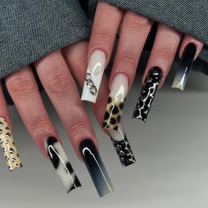 Luxury Press-On Nails: Y2K Gothic Emo Animal Print - Custom Long Nails