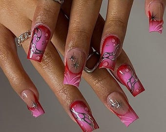 Luxury Custom red pink  Press On Nails: Y2K 3D Gel, Long Square French Tip