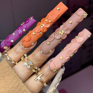 Luxury custom nails/ free style/ long nails/ party nails/red orange nails/ 3D gel flower nails/fall nails/autumn nails/thanksgiving nails