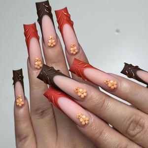 Luxury custom nails/ free style/ long nails/ party nails/red orange nails/ 3D gel flower nails/fall nails/autumn nails/thanksgiving nails