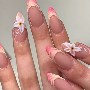 Luxury custom nails/ free style/ long nails/air brush nails/ 3D gel flower nails/pink nails/ trendy nails/ cute nails/ almond stiletto nails