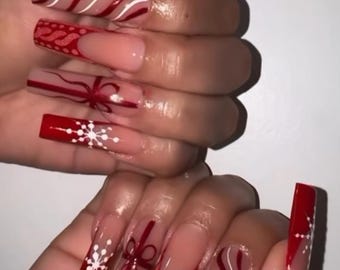 Luxury Christmas Press On Nails: Red Candy Cane, Sweater Design