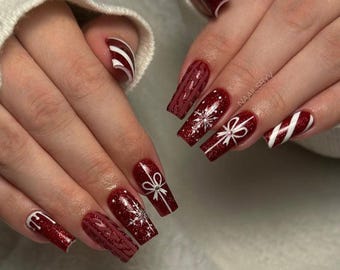 Luxury custom nails/long short nails/ Christmas nails/ Xmas nails/ new year nails/ December nails/holiday nails/red candy cane/sweater nails