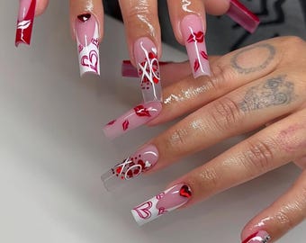 Luxury Press On Nails: Red Glitter Hearts, Long French Tip, valentines day nails