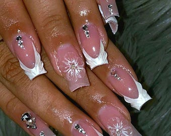 Luxury custom nails/ free style/ long nails/ fairy garden nails/ 3D gel flower nails/french tip nails/white nails/rhinestone bling nails