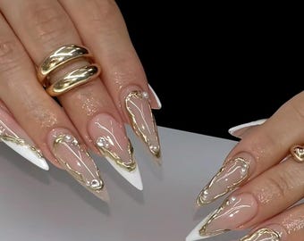 Luxury Gold Chrome Press On Nails: Custom White French Tip, Almond Stiletto