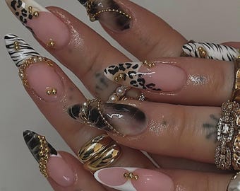 Luxury Press On Nails: Croc & Zebra Print, Gold Charms, French Tip