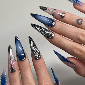 Luxury Press On Nails: Silver Chrome, Gothic Navy Blue, Custom Freestyle