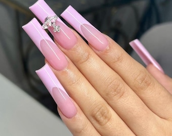 Luxury Press On Nails: Pink French Tip, Y2K Glam, Square Long Nails