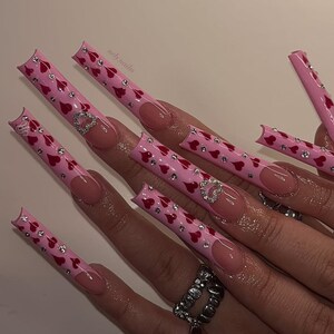 Luxury Long Press-On Nails: Pink Heart Design, Custom Style