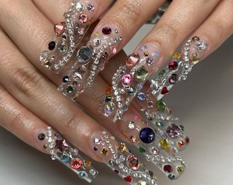 Luxury Rhinestone Press On Nails: Colorful Bling Junk Nails