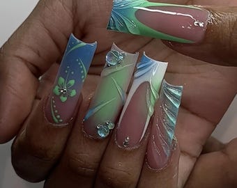 Luxury 3D Flower Press On Nails: Teal French Tip, Gold Chrome