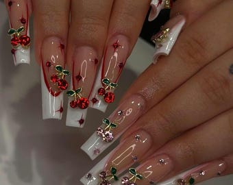 Luxury Cherry Press On Nails: Long French Tip, Custom False Nails