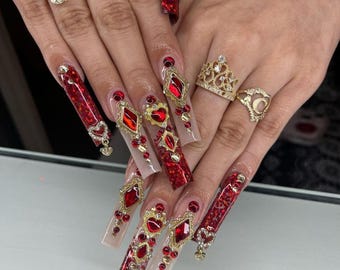 Luxury custom nails/free style/ long nails/ red bling nails/ rhinestones nails/ sparkly nails/ party nails/red glitter nails/ fancy nails