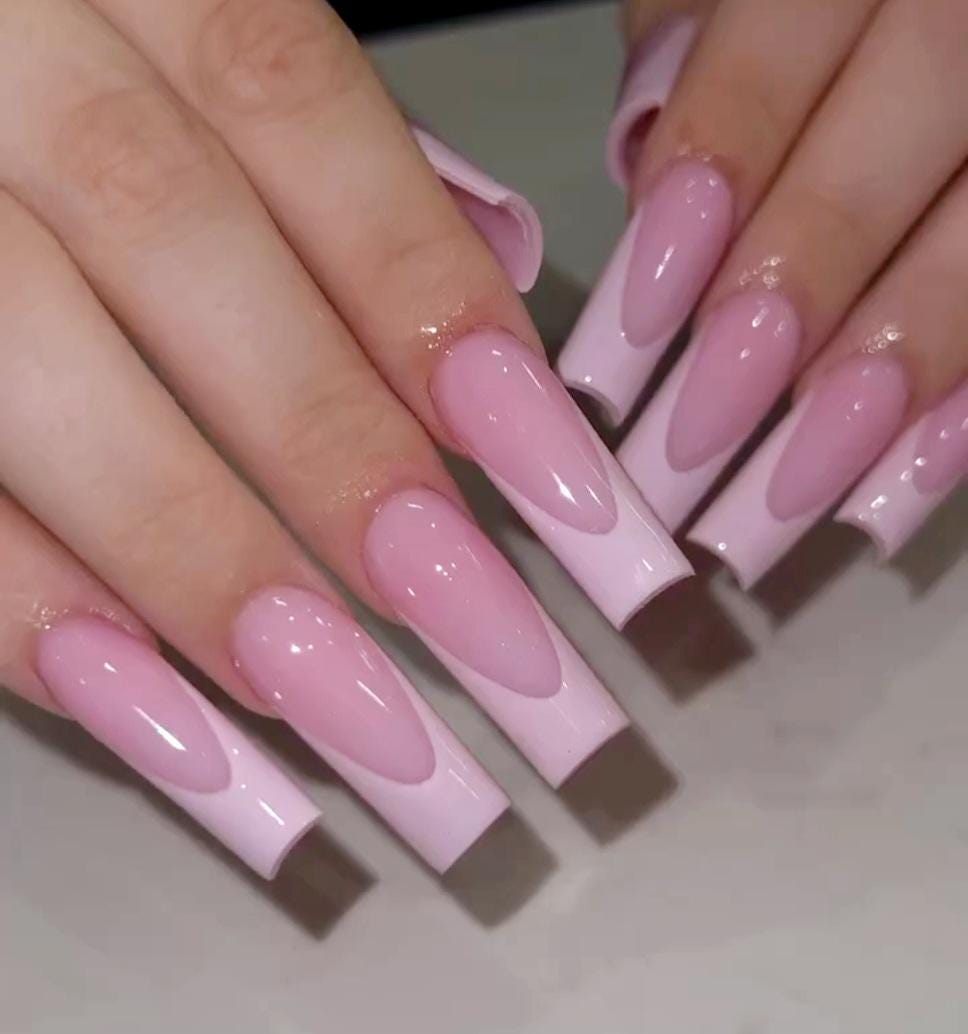 Luxury custom nails/ free style/ long nails/ party nails/classic french/light pink on pink french tip nail/kawaii cute pink nail/girly nails