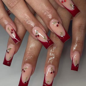 Luxury custom nails/ free style/ long nails/ red french tip nails/fruit cherry nails nails/french tip nails/trendy nails/ cute nails/