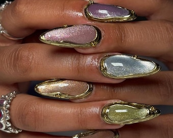Ethereal Rainbow Cat Eye Press On Nails: Gold Chrome Accents