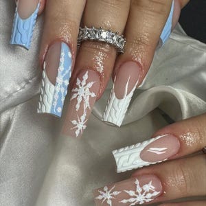 Luxury custom nails/long short nails/ Christmas nails/blue nails/new year nails/ December nails/holiday nails/red candy cane/sweater nails