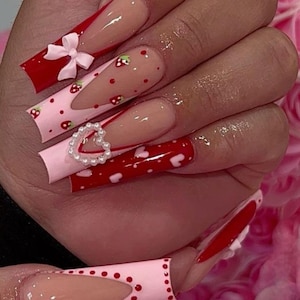 Luxury valentined day Press-On Nails: Red Pink Hearts, Custom Long Nails