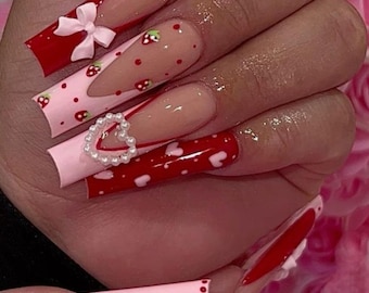 Luxury valentined day Press-On Nails: Red Pink Hearts, Custom Long Nails