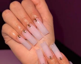 Luxury custom nails/ free style/ long nails/ party nails/gold bling nails/milky white nails/trendy nails/cute nails/square/rhinestone nails